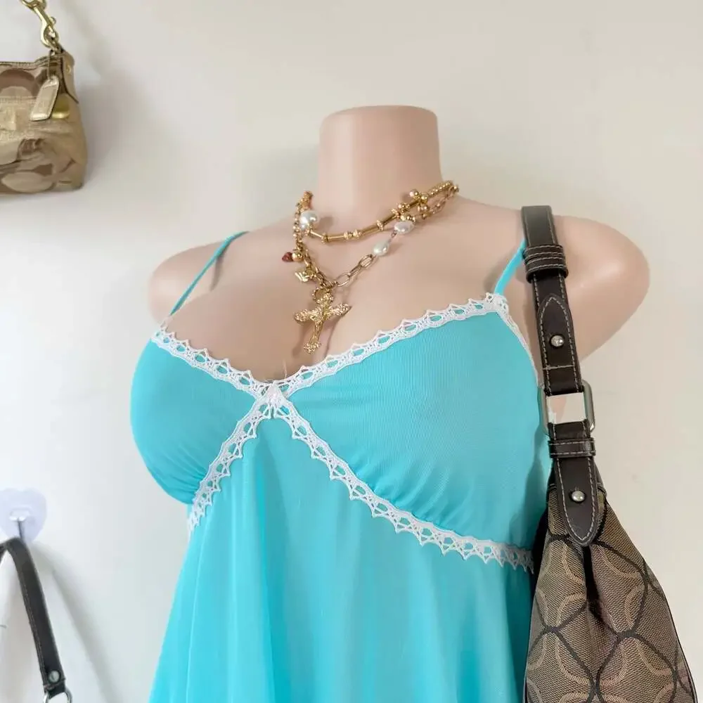 Vintage Sheer Lace-Trimmed Babydoll Cami Top